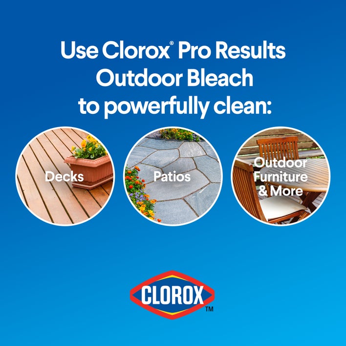 use clorox pro results outdoor bleach to powerfully clean deck, patios, outdoor furniture & more