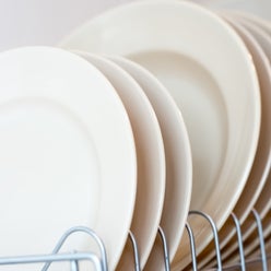 Different clean plates in dish drying rack on kitchen counter